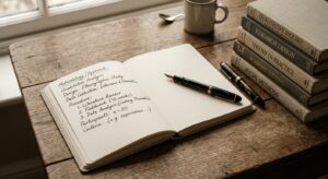 Biurko studenta z notatkami metodologicznymi i otwartą książką w sepii